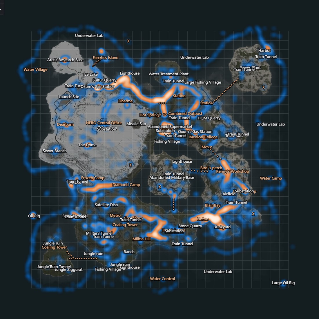 A looting heatmap from a live Rust server: the busiest routes glow orange between monuments, quieter areas blue.